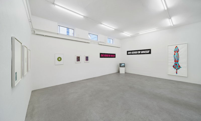 La métamporphose de l'art imprimé, Philippe Decrauzat, Positive Copy (Replica), Sylvie Fleury, She Devils on Wheels, Denis Savary, Figueras, installation view, image: Edition VFO Philippe Decrauzat, Positive Copy (Replica), Sylvie Fleury, She Devils on Wheels, Denis Savary, Figueras